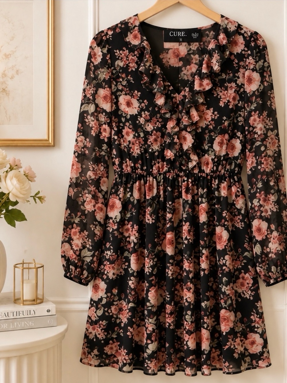 CURE Floral V-Neck Ruffle Black & Blush Long Sleeve Dress